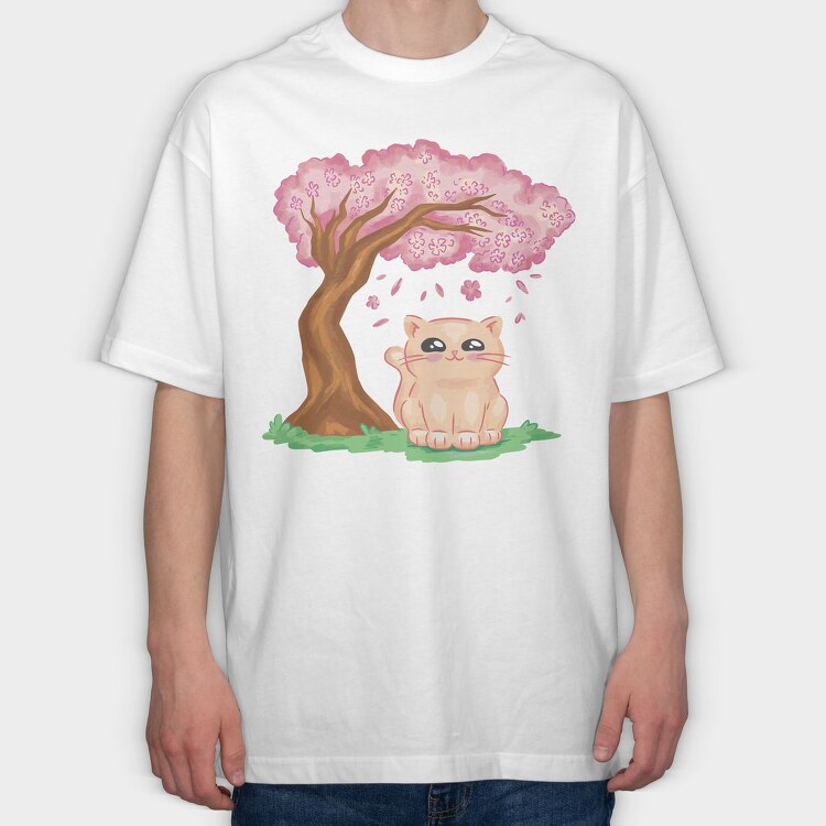Cherry Blossom Cat Kawaii Sakura And, Tricou Oversize Barbati (Unisex)
