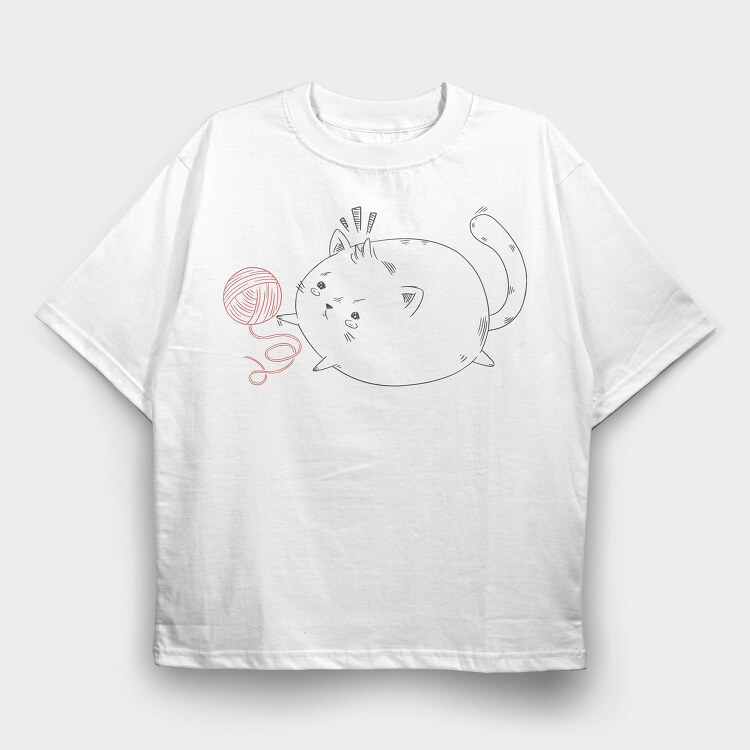 Chubby Cat With Yarn, Tricou Oversize Barbati (Unisex)
