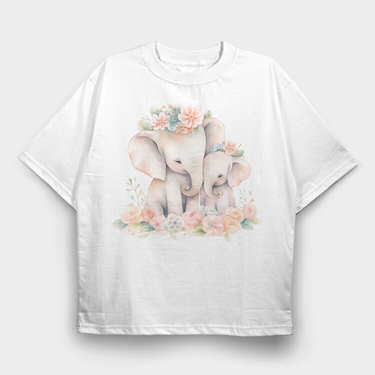 Baby Elephants With Flowers Two, Tricou Oversize Barbati (Unisex)