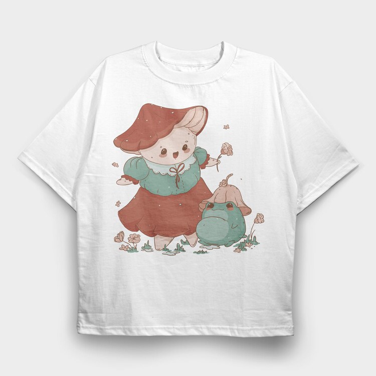 Cute Mushroom And Frog Kawaii, Tricou Oversize Barbati (Unisex)