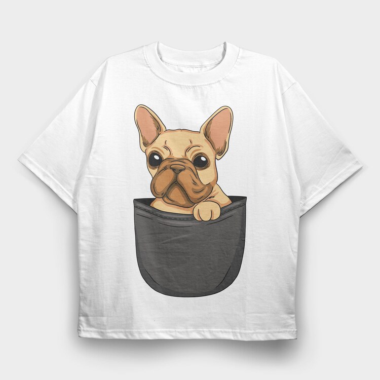 Cute Pug Dog In Pocket French Bulldog, Tricou Oversize Barbati (Unisex)