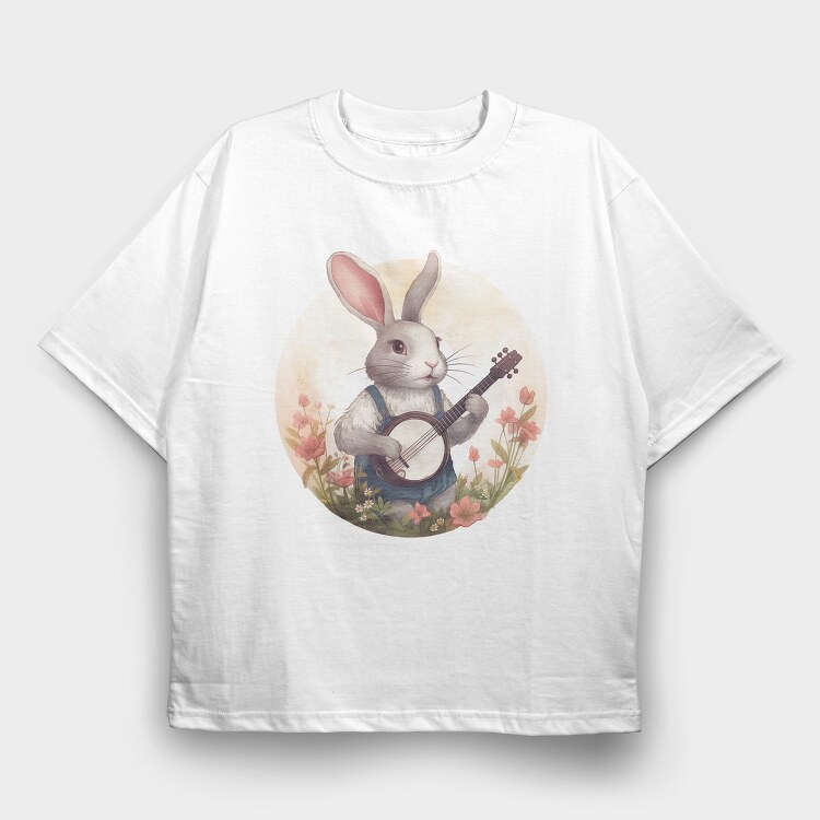 Bunny Playing Banjo Cottagecore, Tricou Oversize Barbati (Unisex)