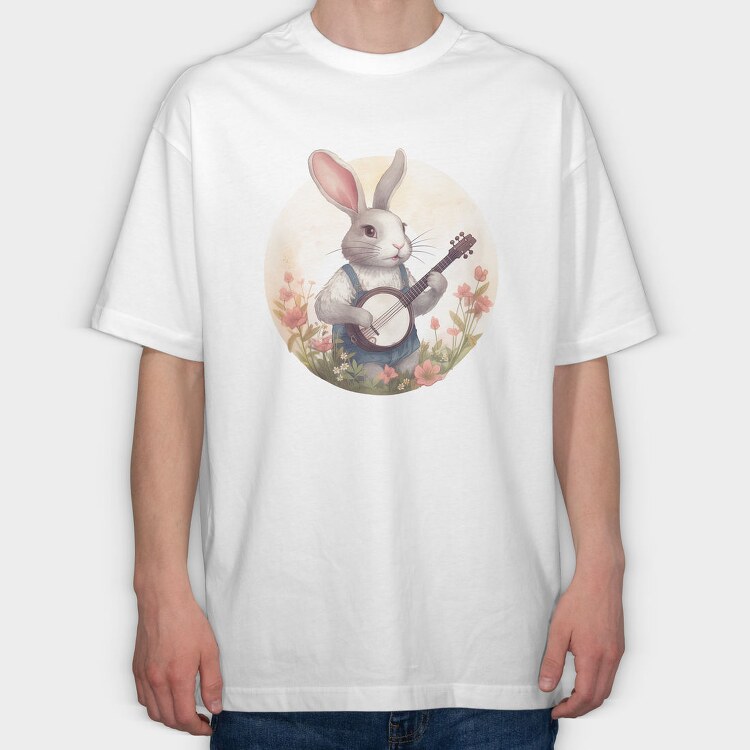 Bunny Playing Banjo Cottagecore, Tricou Oversize Barbati (Unisex)
