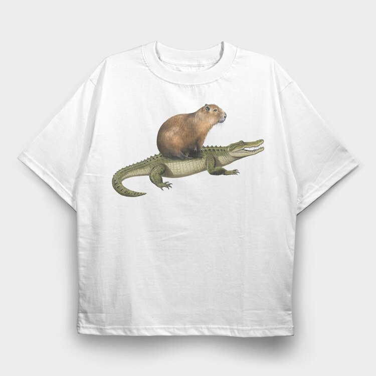 Capybara And Crocodile, Tricou Oversize Barbati (Unisex)