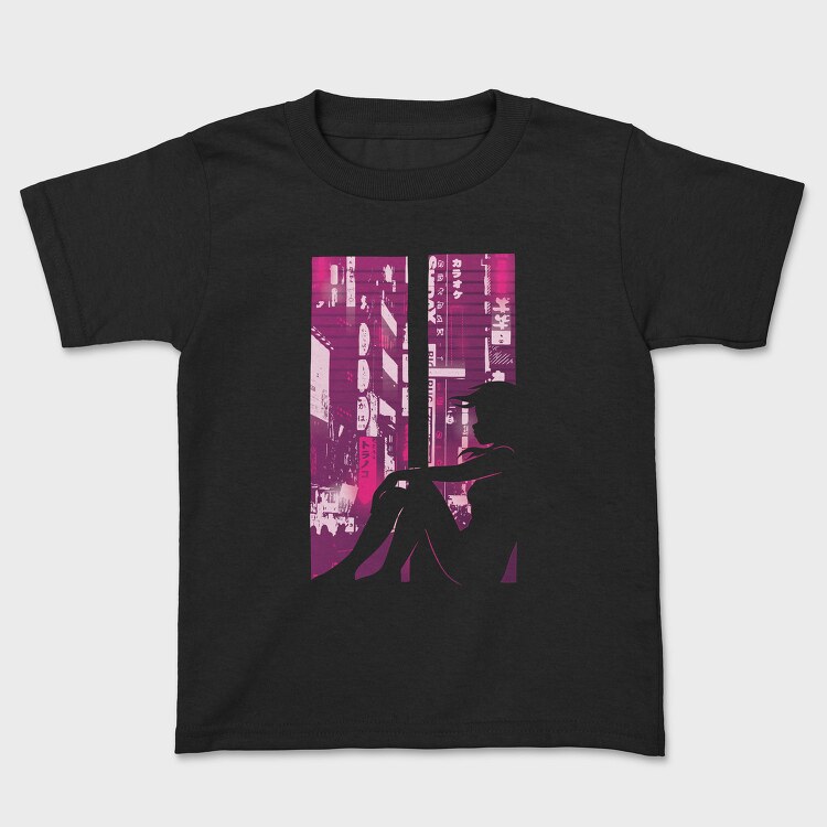 Cyberpunk Girl Silhouette Vaporwave Window, Tricou Copii