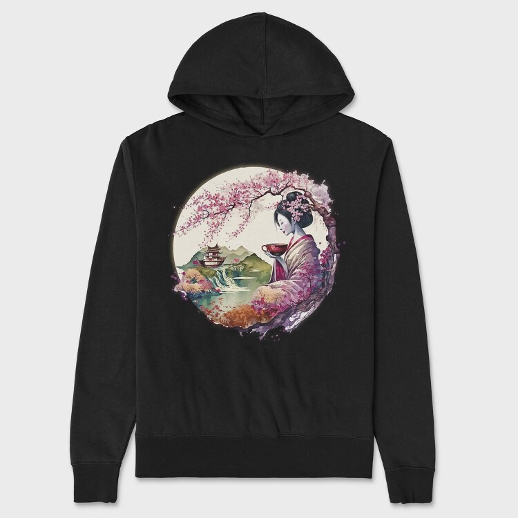 Japanese Geisha And Landscape Tea, Hanorac Oversize Barbati (Unisex)
