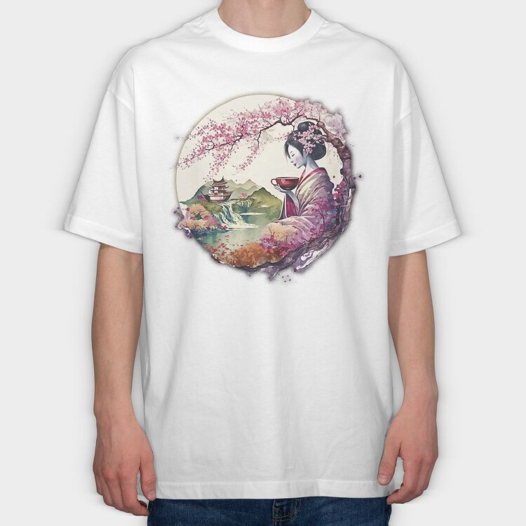 Japanese Geisha And Landscape Tea, Tricou Oversize Barbati (Unisex)