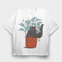 Black Cat In A Pot Of Houseplants, Tricou Oversize Barbati (Unisex)