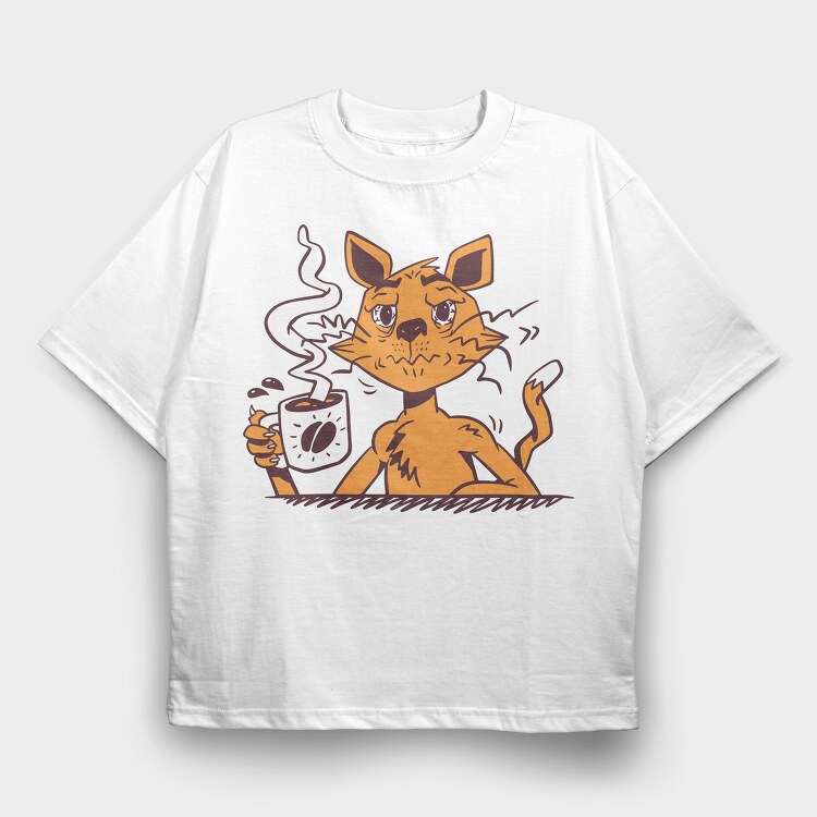 Cat Drinking Coffee, Tricou Oversize Barbati (Unisex)