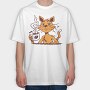 Cat Drinking Coffee, Tricou Oversize Barbati (Unisex)