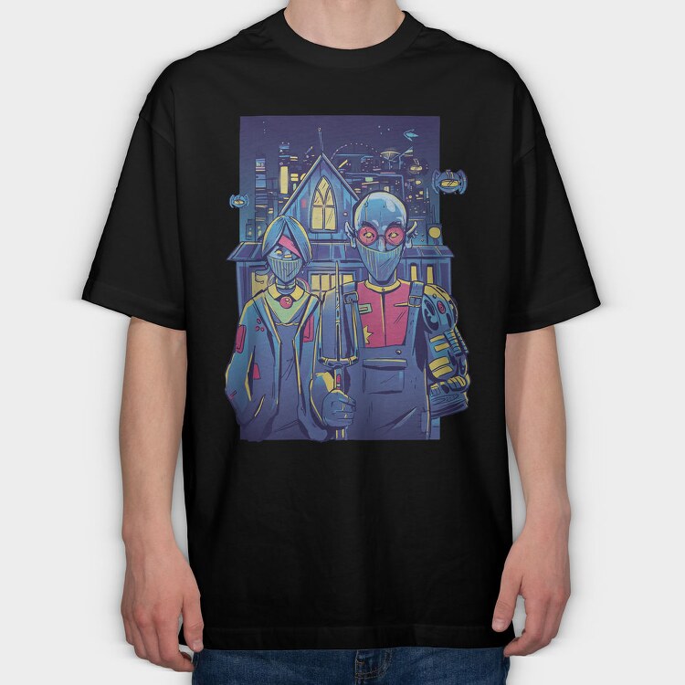 Cyberpunk Couple In City Painting Recreated, Tricou Oversize Barbati (Unisex)