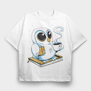 Owl With Books And Coffee Cute, Tricou Oversize Barbati (Unisex)