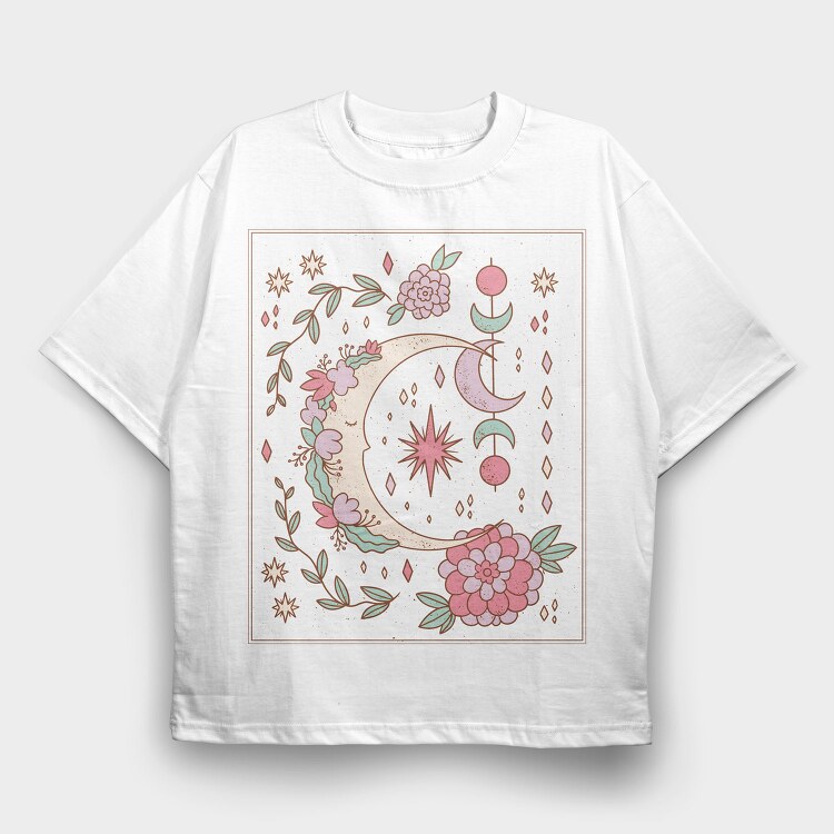 Floral Ornamental Moon Decoration, Tricou Oversize Barbati (Unisex)