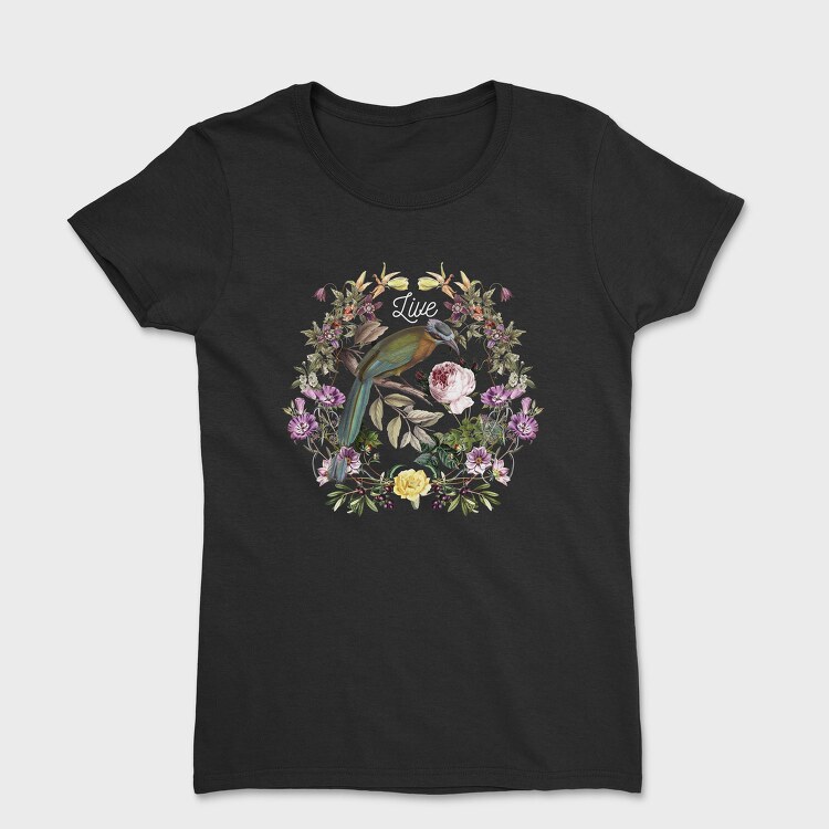 Bird In Floral Wreath Tote Flowers Live, Tricou Femei