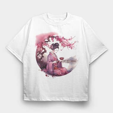 Geisha With Sakura Tea, Tricou Oversize Barbati (Unisex)