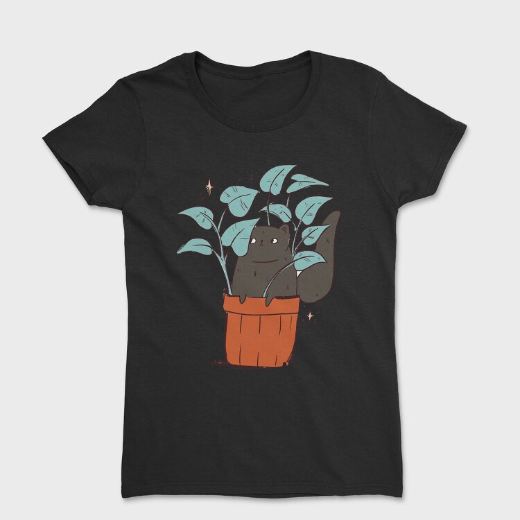Black Cat In A Pot Of Houseplants, Tricou Femei
