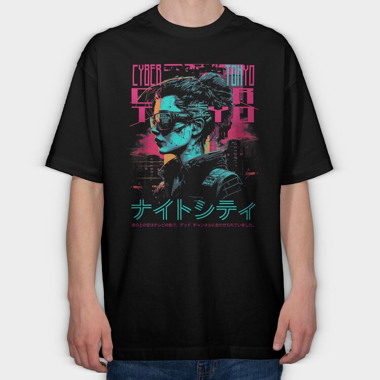 Cyberpunk Tokyo Girl, Tricou Oversize Barbati (Unisex)