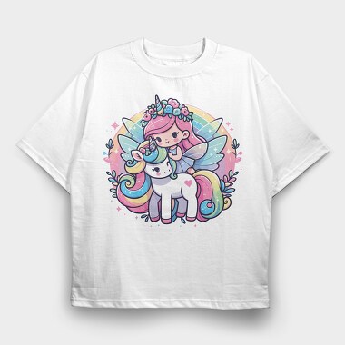 Kawaii Fairy Riding Unicorn, Tricou Oversize Barbati (Unisex)