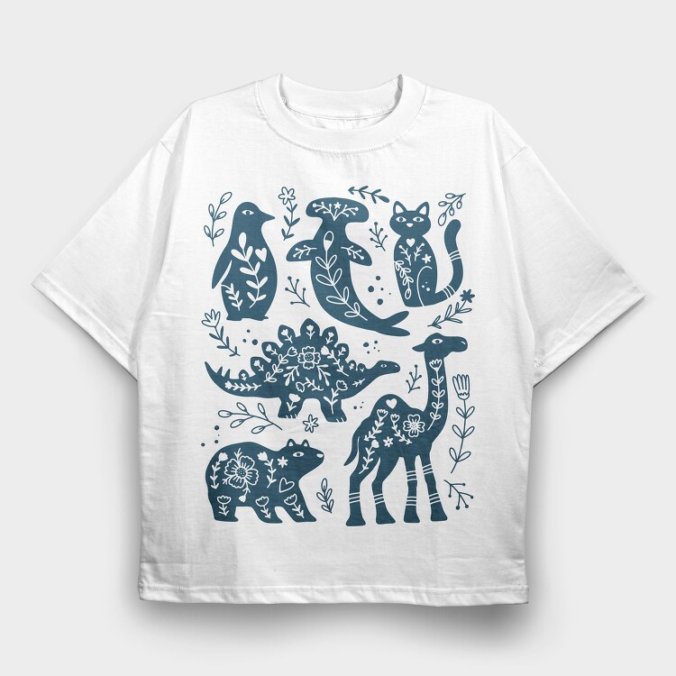 Blue Animals Cut Out Scandinavian Art, Tricou Oversize Barbati (Unisex)