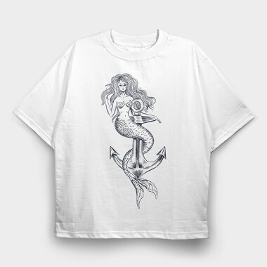 Hand Drawn Mermaid Siren And Anchor, Tricou Oversize Barbati (Unisex)