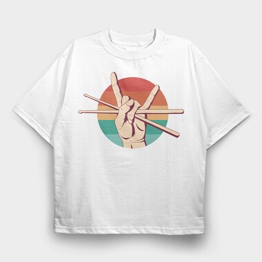 Hand Holding Drum Sticks Drummer Retro Sunset, Tricou Oversize Barbati (Unisex)