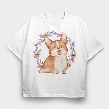 Happy Corgi Dog Watercolor Pillow, Tricou Oversize Barbati (Unisex)