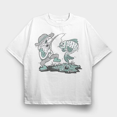 Happy Fisherman And Fish Cartoon, Tricou Oversize Barbati (Unisex)