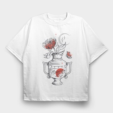 Tattoo Floral Vase Chrysanthemum Moon Red Black, Tricou Oversize Barbati (Unisex)