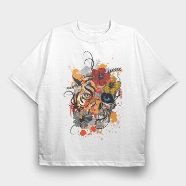 Tiger And Skull Abstract 001, Tricou Oversize Barbati (Unisex)