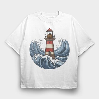 Lighthouse And Waves Sea, Tricou Oversize Barbati (Unisex)