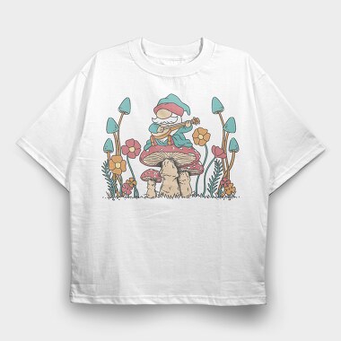 Hippie Gnome On Mushroom Banjo Cottagecore, Tricou Oversize Barbati (Unisex)