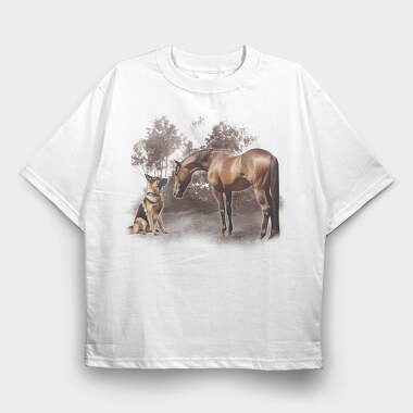 Horse And German Shepherd, Tricou Oversize Barbati (Unisex)