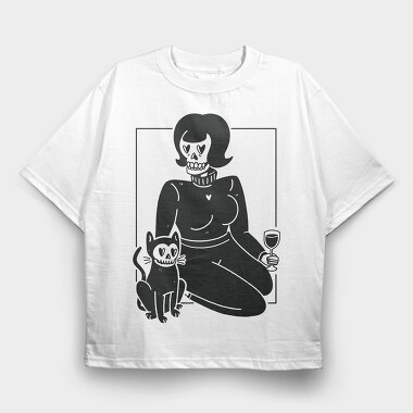 Skeleton Girl And Cat, Tricou Oversize Barbati (Unisex)