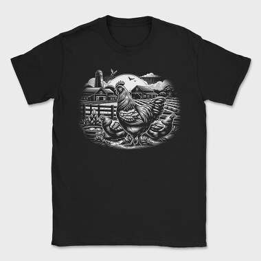 Monochrome Farm Chicken Illustration, Tricou Barbati (Unisex)