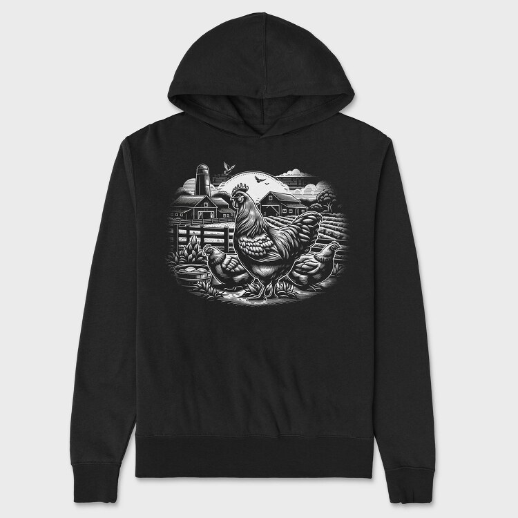 Monochrome Farm Chicken Illustration, Hanorac Oversize Barbati (Unisex)