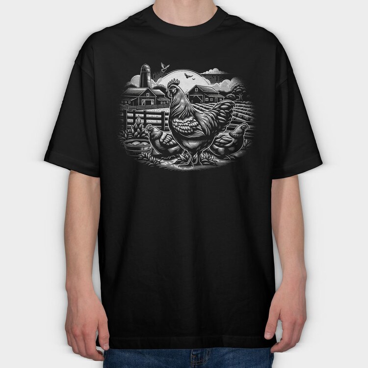 Monochrome Farm Chicken Illustration, Tricou Oversize Barbati (Unisex)