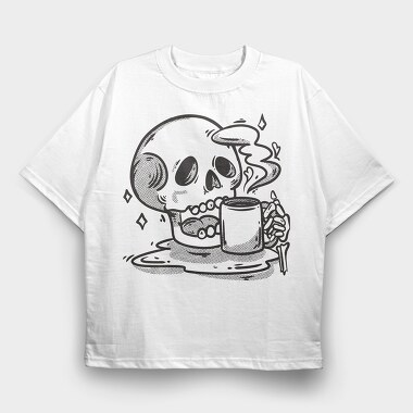 Skull Drinking Coffee Skeleton, Tricou Oversize Barbati (Unisex)