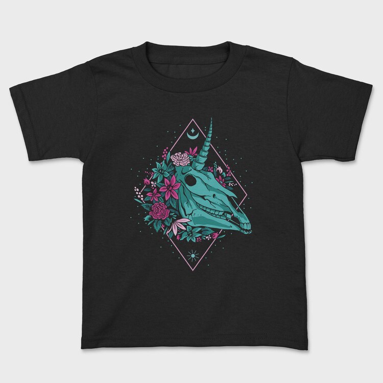 Skull Unicorn Head With Flowers, Tricou Copii
