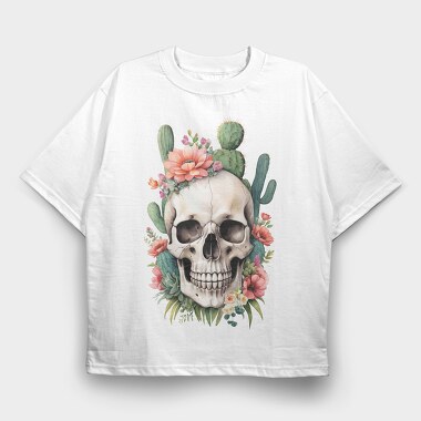 Skull With Cacti And Flowers, Tricou Oversize Barbati (Unisex)