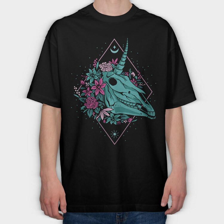 Skull Unicorn Head With Flowers, Tricou Oversize Barbati (Unisex)