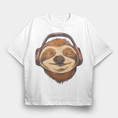 Sloth Animal With Earphones Headphones, Tricou Oversize Barbati (Unisex)