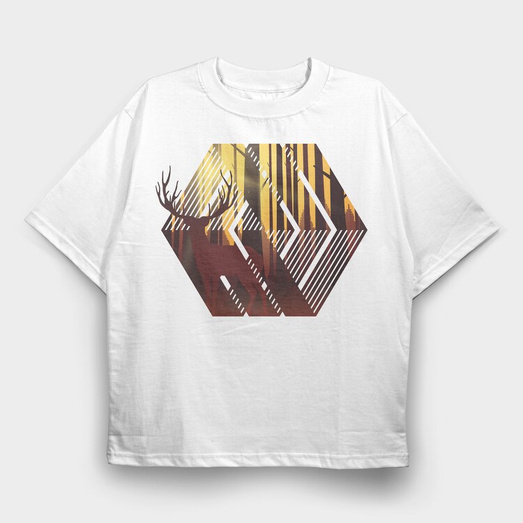 Deer Illustration Geometric Forest, Tricou Oversize Barbati (Unisex)