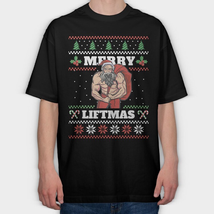 Muscular Santa Claus Ugly Sweater Liftmas, Tricou Oversize Barbati (Unisex)