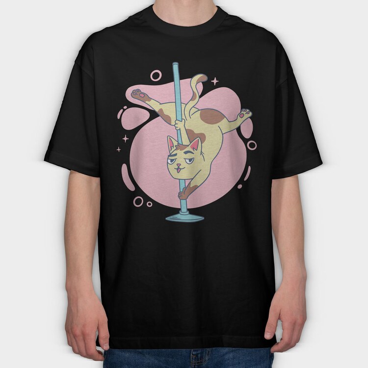 Pole Dancing Cat Cartoon, Tricou Oversize Barbati (Unisex)