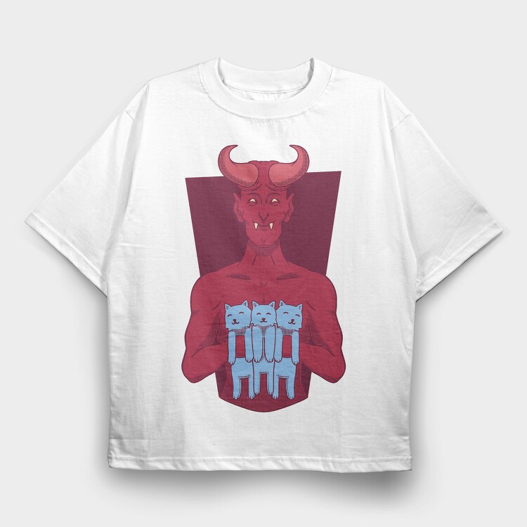 Devil With Cat Holding Kittens, Tricou Oversize Barbati (Unisex)