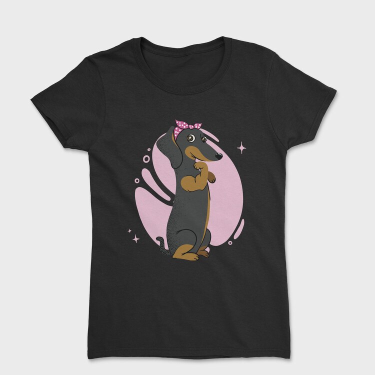 Dachshund Dog Pink Bow Dachsund Riveter Girl, Tricou Femei