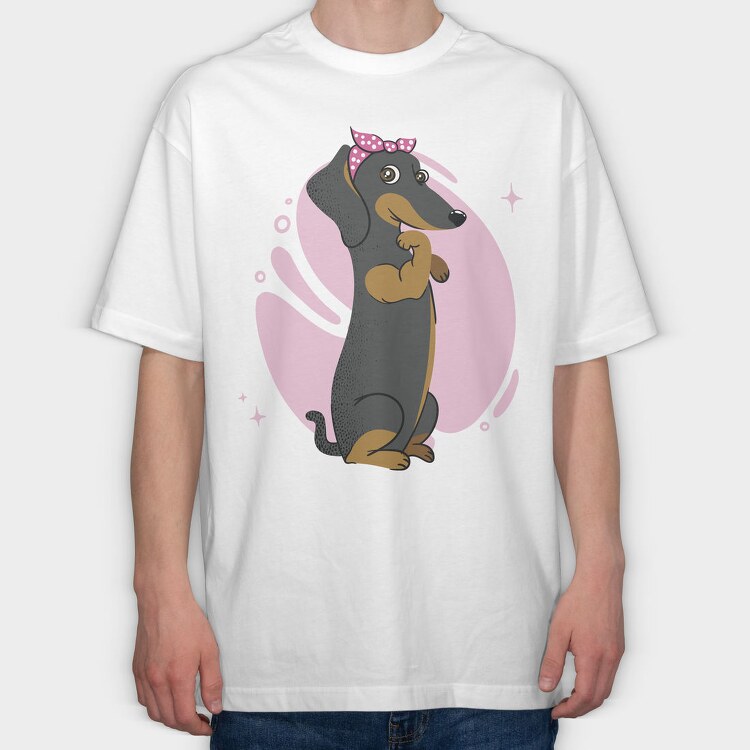 Dachshund Dog Pink Bow Dachsund Riveter Girl, Tricou Oversize Barbati (Unisex)