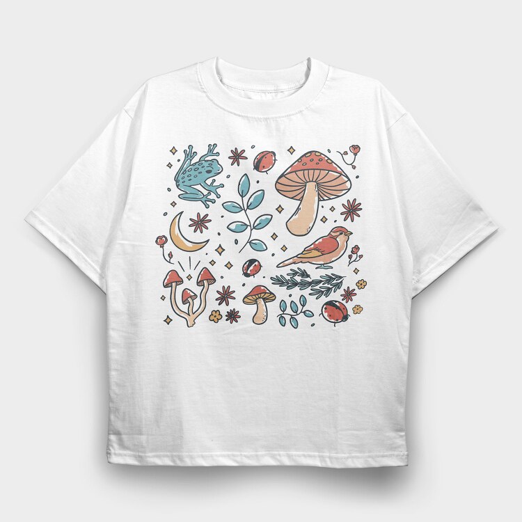 Forest Elements Mushroom Bird Frog, Tricou Oversize Barbati (Unisex)