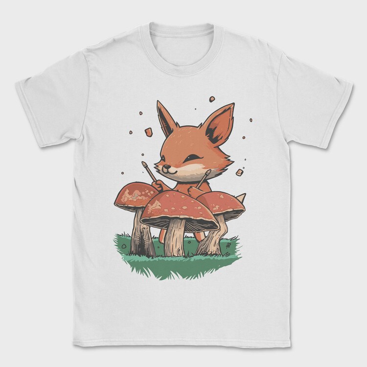 Fox Playing Drums On Mushrooms Cute, Tricou Barbati (Unisex)