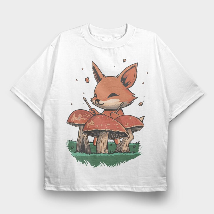 Fox Playing Drums On Mushrooms Cute, Tricou Oversize Barbati (Unisex)
